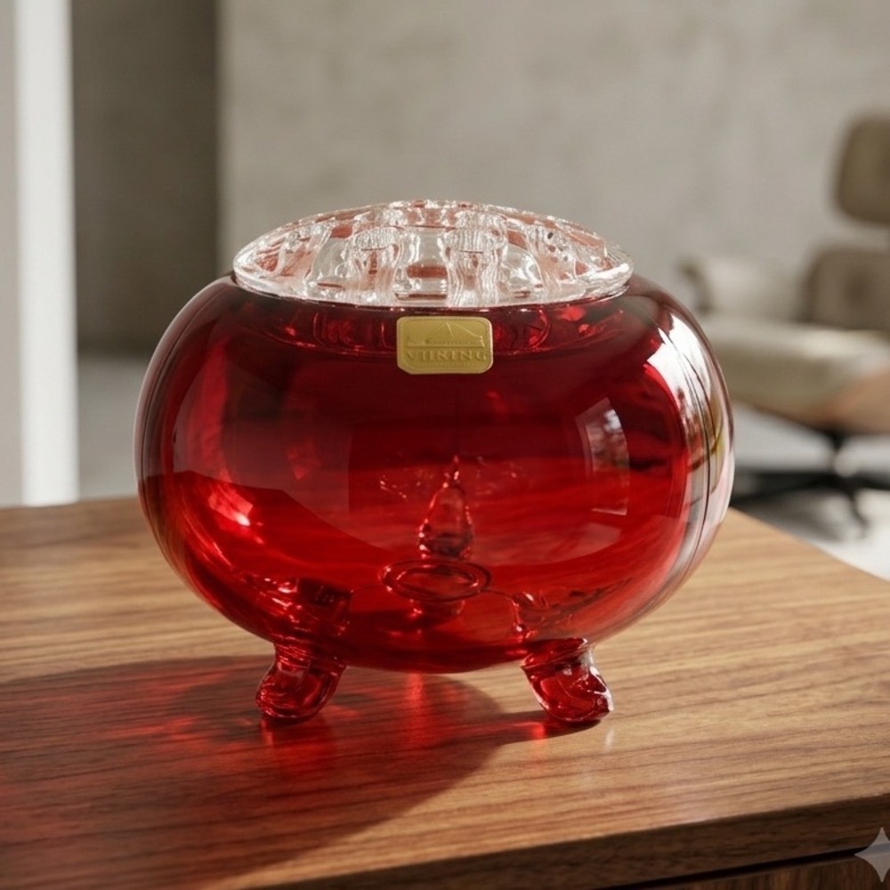 Vintage Viking Glass Ruby Red 1014 Large Flowerlite Bowl with Clear Flower Frog